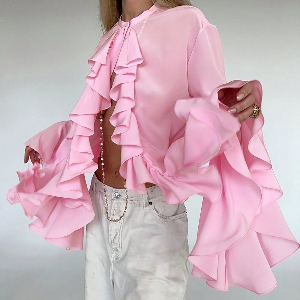 Pink Party Women's Ruffle Front & Bell Sleeves Chiffon Blouse